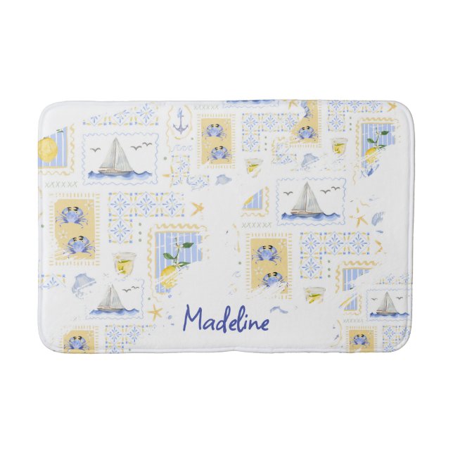 Mediterranean Tile Lemon Coastal Monogram Name Bath Mat (Front)