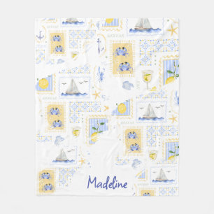 Mediterranean Tile Lemon Coastal Monogram Name Fleece Blanket