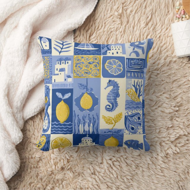 Mediterranean Tile Lemon Coastal Pattern Cushion (Blanket)