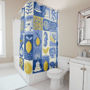 Mediterranean Tile Lemon Coastal Pattern Shower Curtain