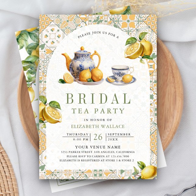 Mediterranean Tile Lemon Tea Party Bridal Shower Invitation (Creator Uploaded)