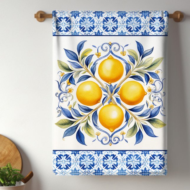 Mediterranean Tile Lemon Tea Towel (Beautiful Mediterranean tile and lemons kitchen towel. )