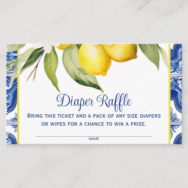 Mediterranean Tile Lemons Diaper Raffle Enclosure Card (Pretty blue and white tile and lemons diaper raffle tickets. You can add your own text.)