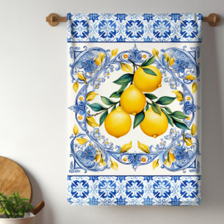 Mediterranean Tile Lemons Tea Towel