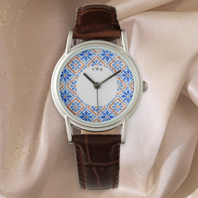 Mediterranean Tile Pattern Azulejo Monogrammed Watch (An elegant wristwatch with Amalfi tiles pattern and monogram initials)