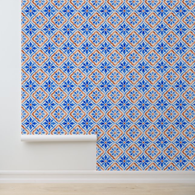 Mediterranean Tile Patterned Amalfi Coastal Blue Wallpaper (Application)