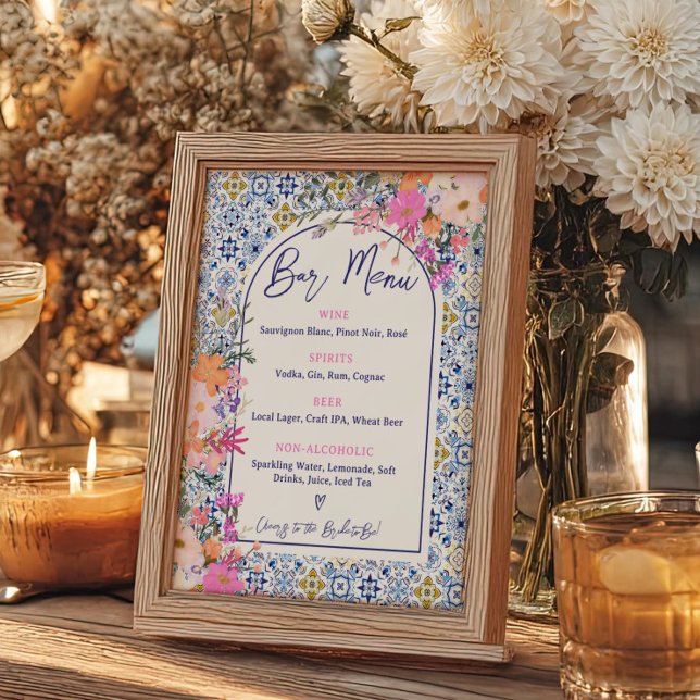  Mediterranean Tile Pink Floral Bar Menu Poster (Mediterranean Tile Pink Floral Bar Menu Poster)