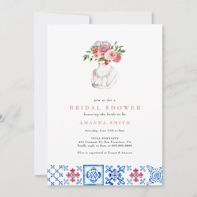 Mediterranean Tile Pink Floral Girly Bridal Shower Invitation (Front)