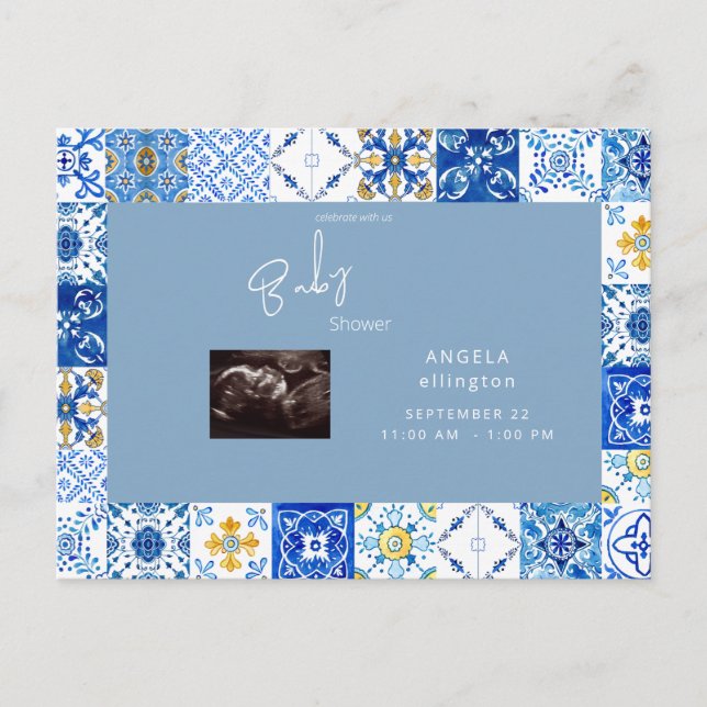 Mediterranean Tile Ultrasound Blue Baby Shower Invitation Postcard (Front)