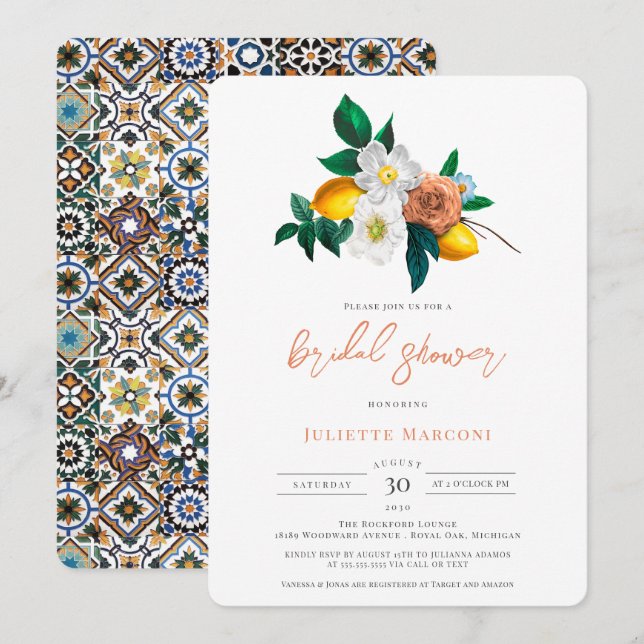Mediterranean Tile Vintage Floral & Lemons Shower  Invitation (Front/Back)