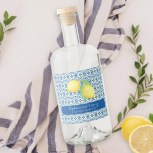 Mediterranean Tile Watercolor Lemon Wedding Favour Liquor Bottle Label