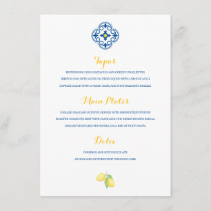 Mediterranean Tile Watercolor Lemon Wedding Menu