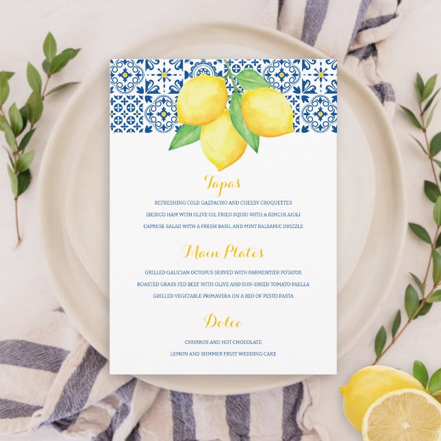 Mediterranean Tile Watercolor Lemon Wedding Menu (Creator Uploaded)