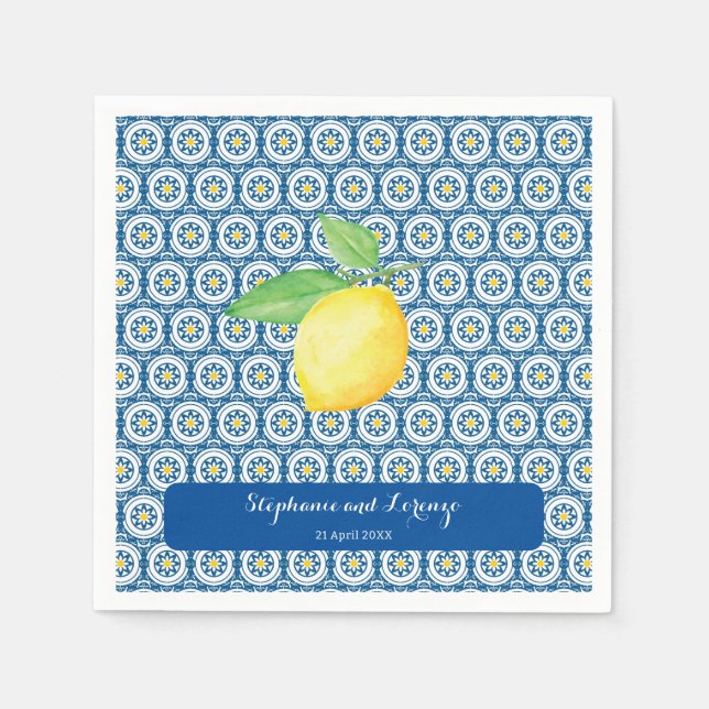 Mediterranean Tile Watercolor Lemon Wedding Napkin (Front)