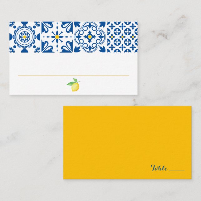 Mediterranean Tile Watercolor Lemon Wedding Place Card (Front/Back)