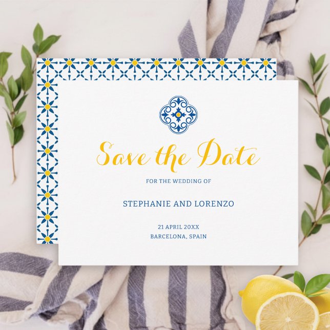 Mediterranean Tile Watercolor Lemon Wedding Save The Date (Creator Uploaded)