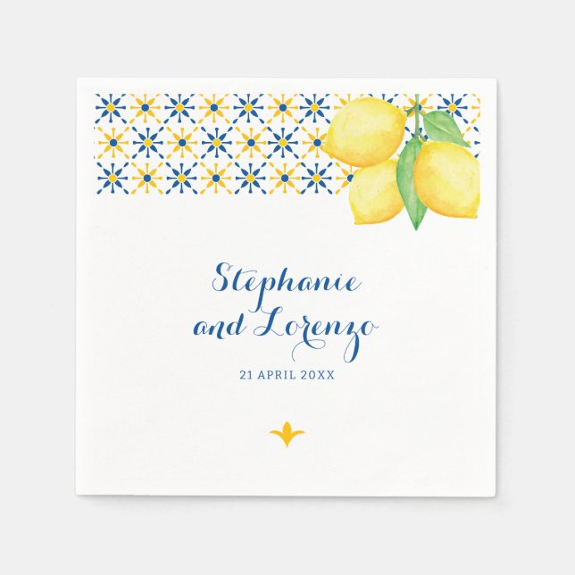 Mediterranean Tile Watercolor Lemons Napkin (Front)