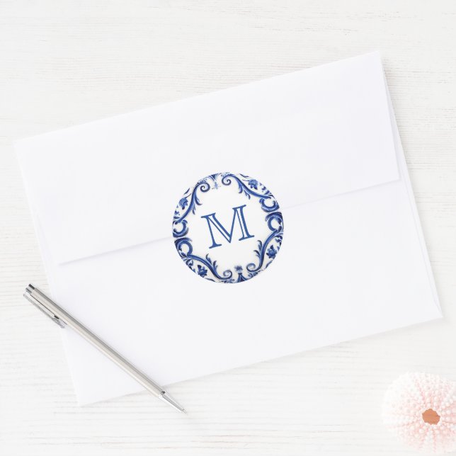 mediterranean tile wedding monogram  classic round sticker (Envelope)