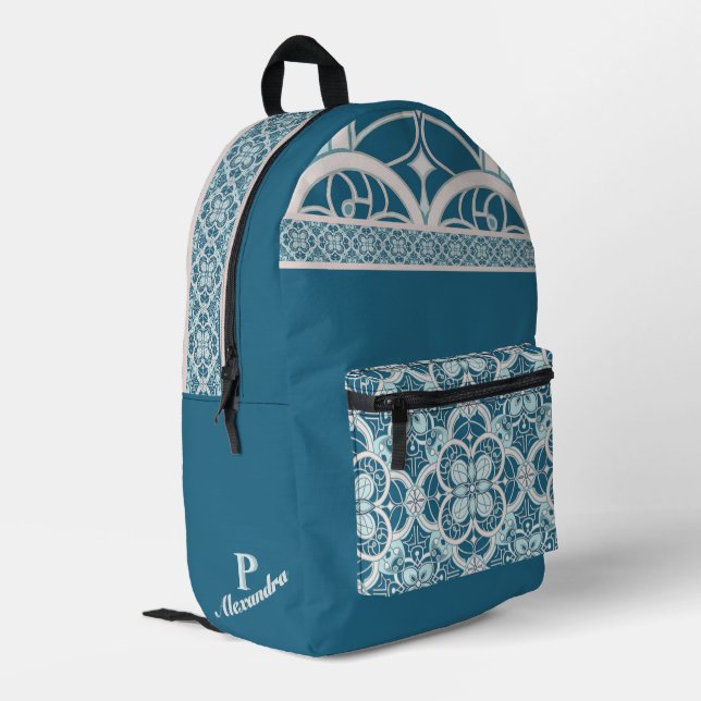 Mediterranean tile work inspiration teal printed backpack (Back Corner Left)