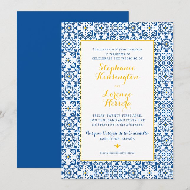 Mediterranean Tile Yellow Blue Wedding Invitation (Front/Back)