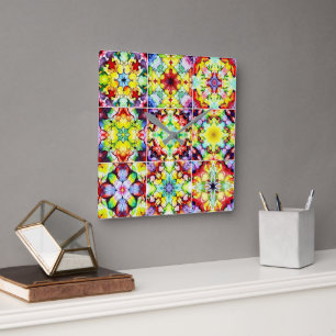 Mediterranean Tiles, Alcohol Ink Tiles, Majolica Square Wall Clock