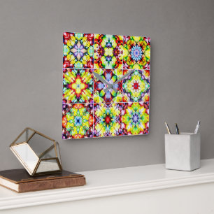 Mediterranean Tiles, Alcohol Ink Tiles, Majolica Square Wall Clock