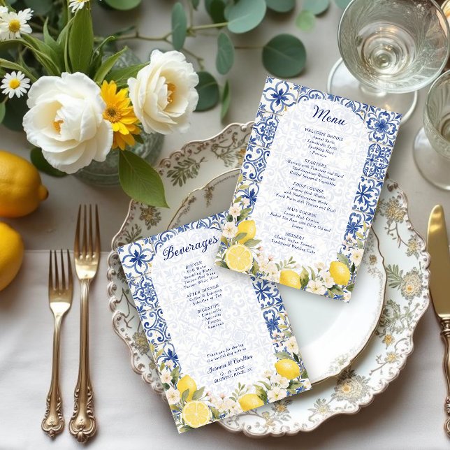 Mediterranean Tiles and Lemon Garland  Menu (Mediterranean Tiles and Lemon Garland Wedding Menu.)
