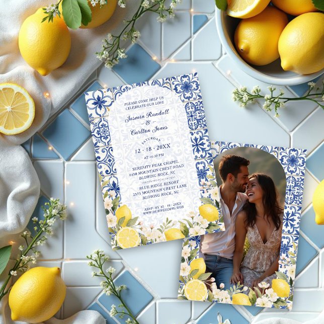 Mediterranean Tiles and Lemon Garland Wedding Invitation (Mediterranean Tiles and Lemon Garland Wedding Invitation Cards with Back Oval Photo. )
