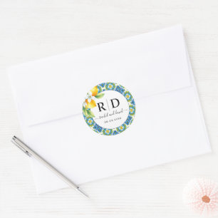 Mediterranean tiles and lemons wedding classic round sticker