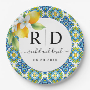 Mediterranean tiles and lemons wedding paper plate