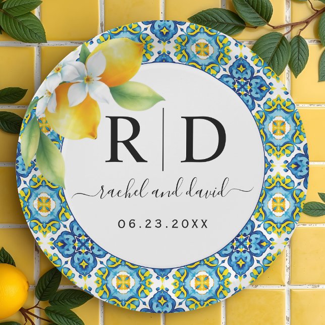 Mediterranean tiles and lemons wedding paper plate (Creator Uploaded)