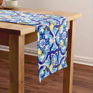 Mediterranean tiles,blue tiles,lemon, short table runner