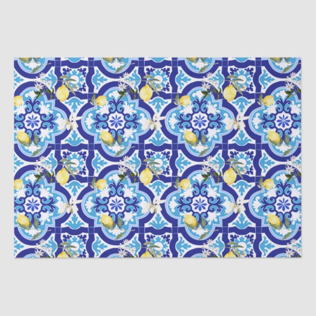 Mediterranean tiles,blue tiles,lemon, tissue paper (Front)