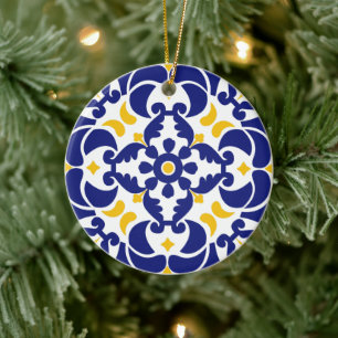 Mediterranean Tiles Blue & Yellow Pattern Ceramic Tree Decoration