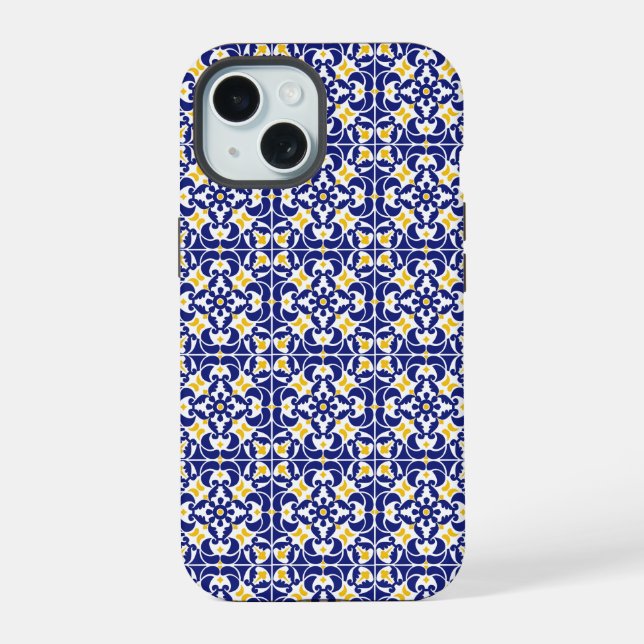 Mediterranean Tiles Blue & Yellow Pattern iPhone 15 Case (Back)
