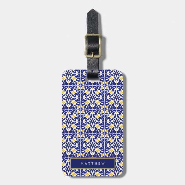 Mediterranean Tiles Blue & Yellow Pattern Name Luggage Tag (Front Vertical)