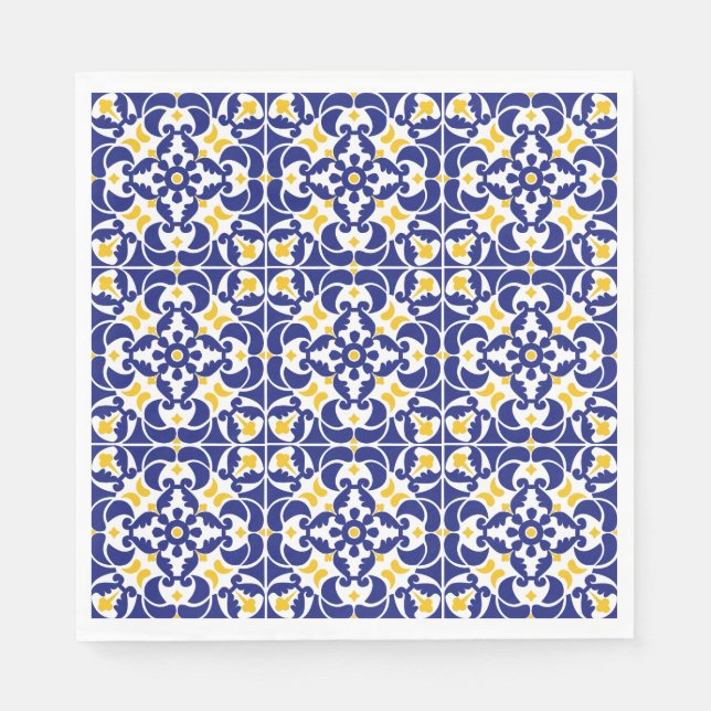 Mediterranean Tiles Blue & Yellow Pattern Napkin (Front)