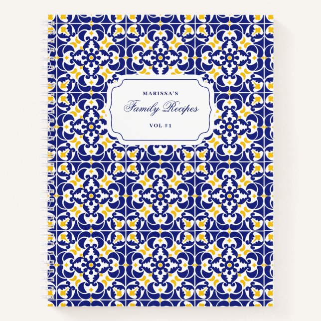 Mediterranean Tiles Blue & Yellow Pattern Recipes Notebook (Front)