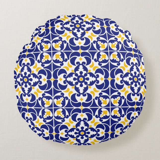 Mediterranean Tiles Blue & Yellow Pattern Round Cushion (Front)