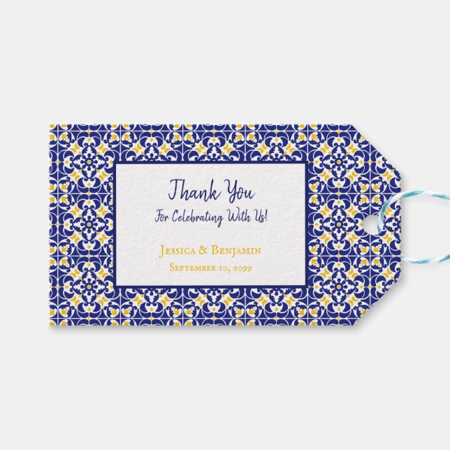 Mediterranean Tiles Blue & Yellow Pattern Wedding Gift Tags (Front (Horizontal))