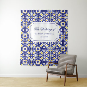Mediterranean Tiles Blue & Yellow Wedding Backdrop Tapestry