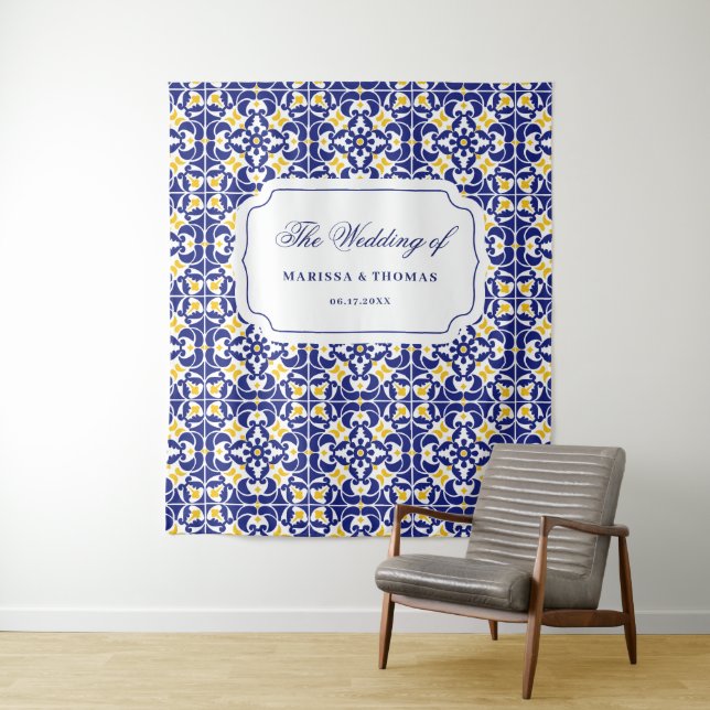 Mediterranean Tiles Blue & Yellow Wedding Backdrop Tapestry (In Situ)