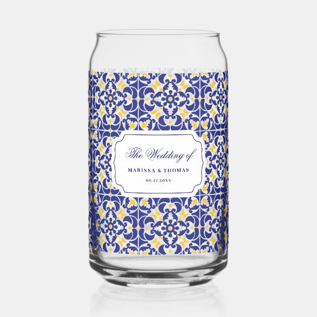 Mediterranean Tiles Blue & Yellow Wedding Gift Can Glass (Front)
