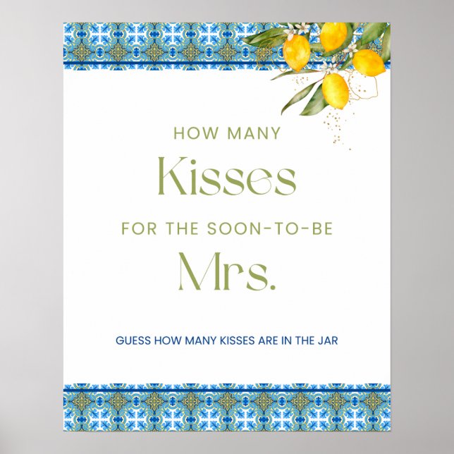 Mediterranean Tiles How Many Kisses Bridal Shower Poster (Front)