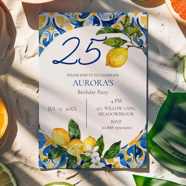 Mediterranean Tiles Lemon 25th Any Age Birthday  Invitation (Creator Uploaded)