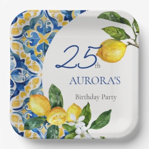 Mediterranean Tiles Lemon 25th Birthday  Paper Plate