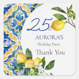 Mediterranean Tiles Lemon 25th Birthday  Square Sticker