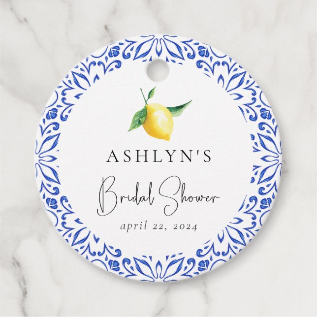 Mediterranean Tiles Lemon Bridal Shower Favour Tag (Front)