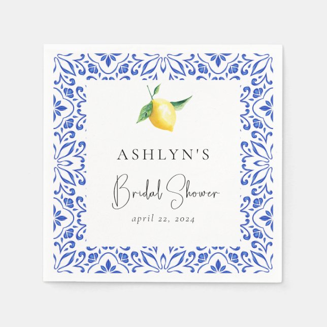 Mediterranean Tiles Lemon Bridal Shower Napkins (Front)