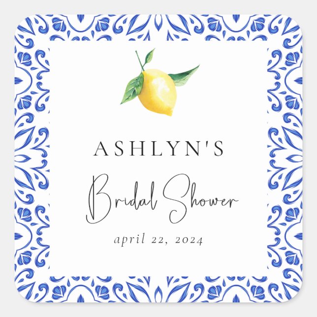Mediterranean Tiles Lemon Bridal Shower Sticker (Front)